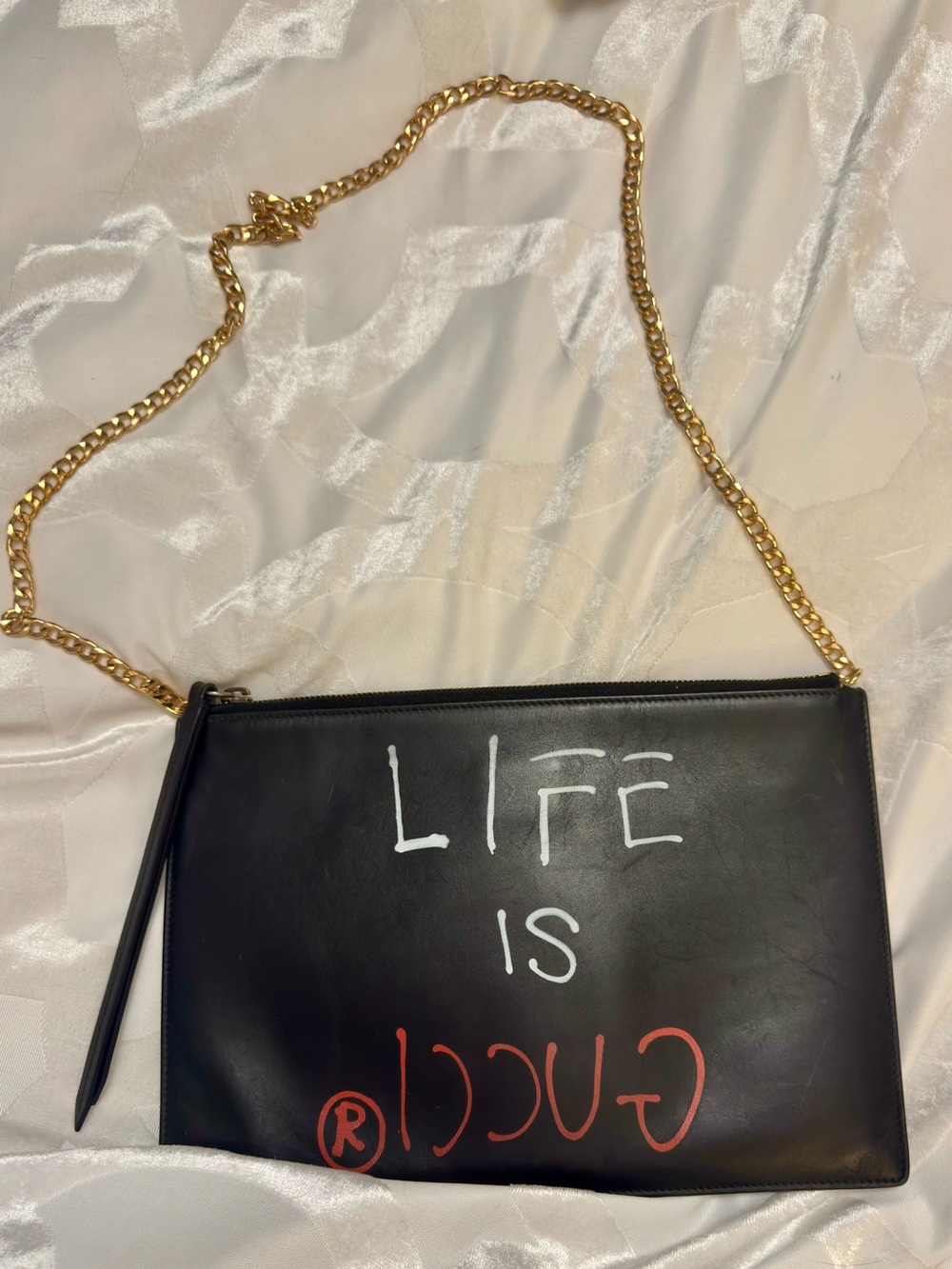 Gucci Black Leather 'Life Is Gucci’ added gold chain to be used as a crossbody